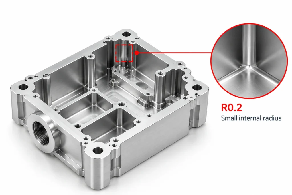 Original CNC part design with a small internal radius that can increase machining time and tooling cost