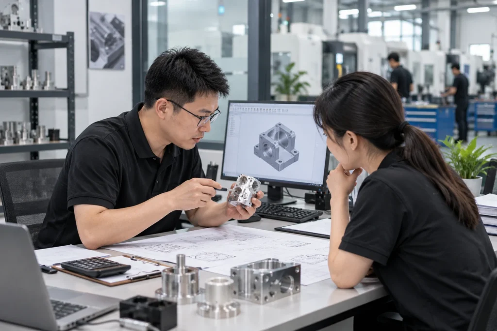 CNC machining FAQs discussed by engineers reviewing a precision machined part