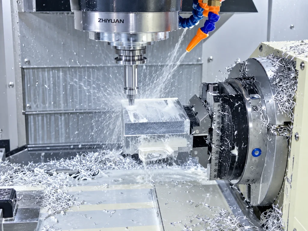 4-axis CNC milling an aluminum part on a rotary fixture