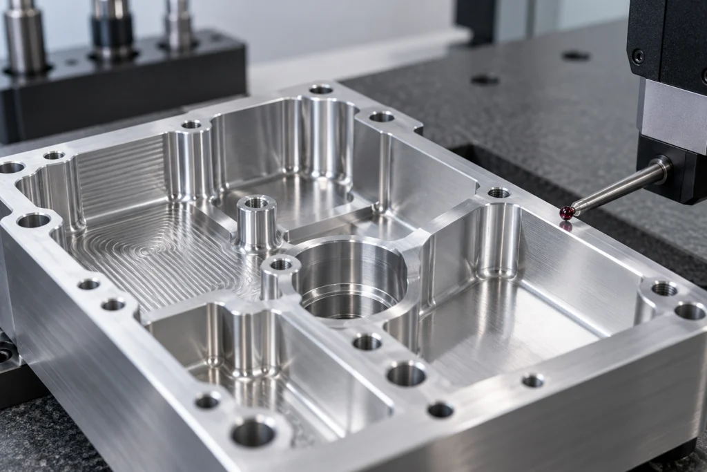 CNC machined aluminum part undergoing surface finish and dimensional inspection