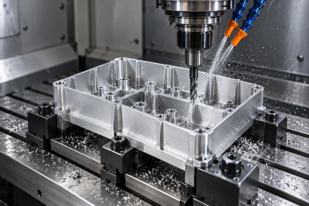 CNC milling a thin-wall aluminum enclosure with coolant and precision fixturing
