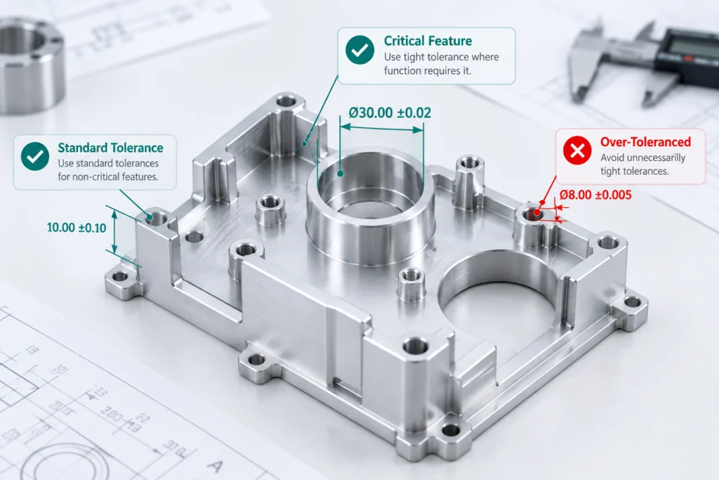 CNC machining tolerance design showing standard, critical, and over-toleranced dimensions