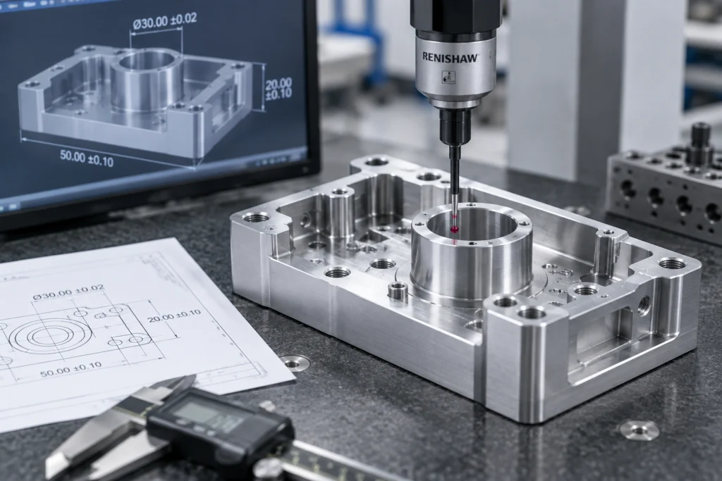 CMM inspection of a precision CNC machined part with dimensional tolerances