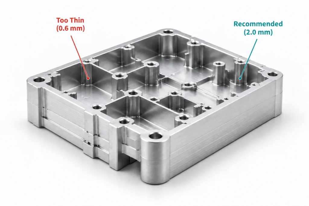 CNC machined aluminum enclosure showing thin and recommended wall thickness