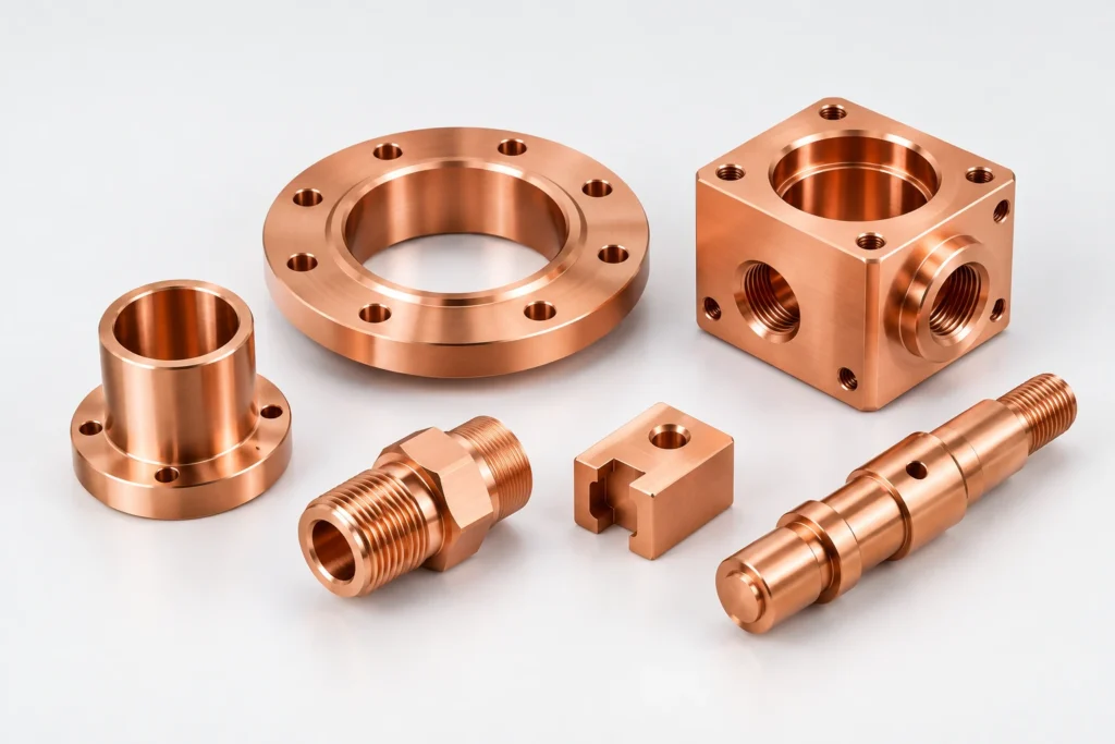Precision CNC machined copper parts including flanges, fittings, housings and turned components