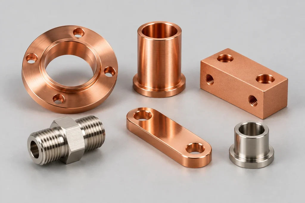 Copper CNC machined parts with as-machined, polished, bead blasted and nickel plated finishes