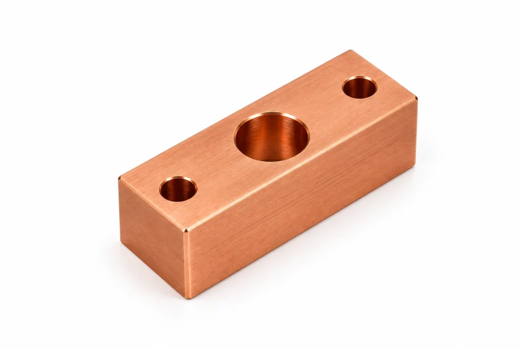 CNC machined copper block with precision holes
