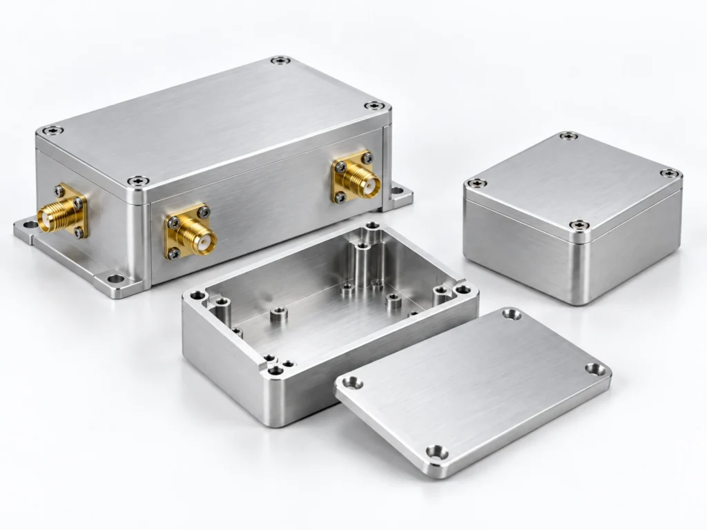 CNC machined RF and electronic enclosures with connector interfaces