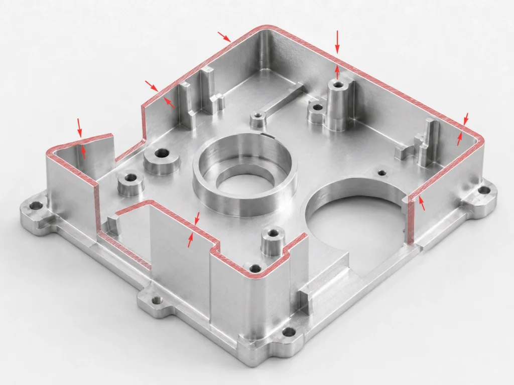 CNC machined aluminum part showing excessively thin unsupported walls
