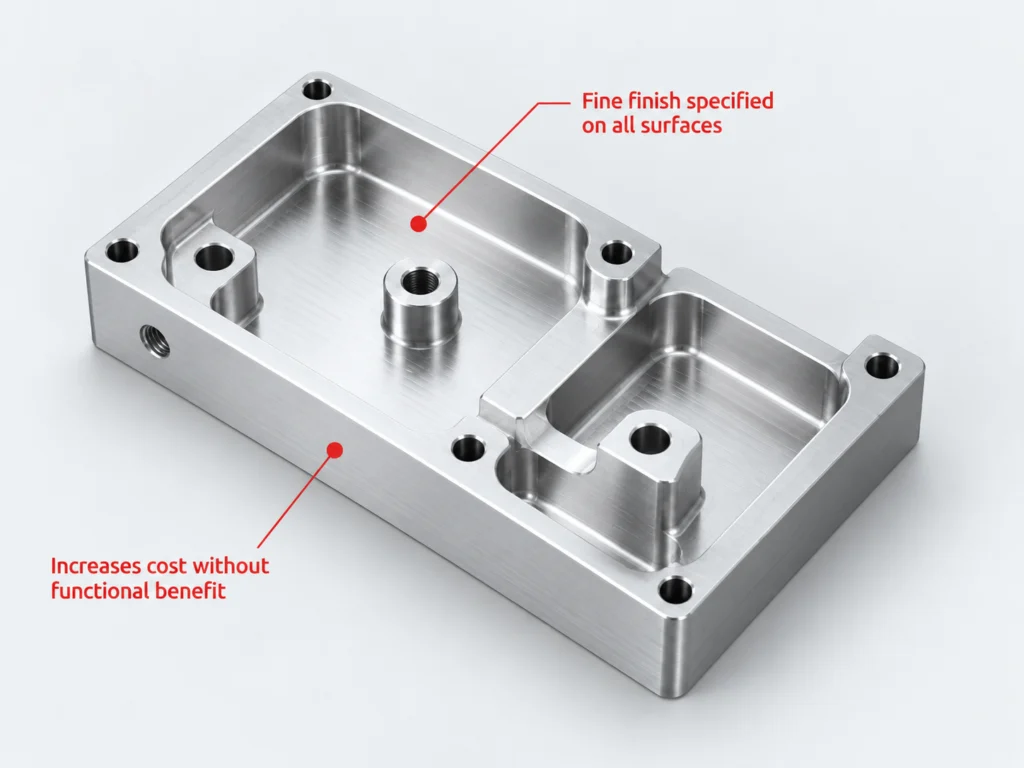 CNC machined part with fine surface finish specified across all surfaces