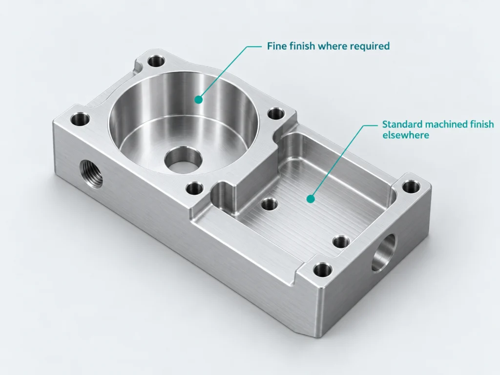 CNC machined part with finer surface finish applied only to functional areas