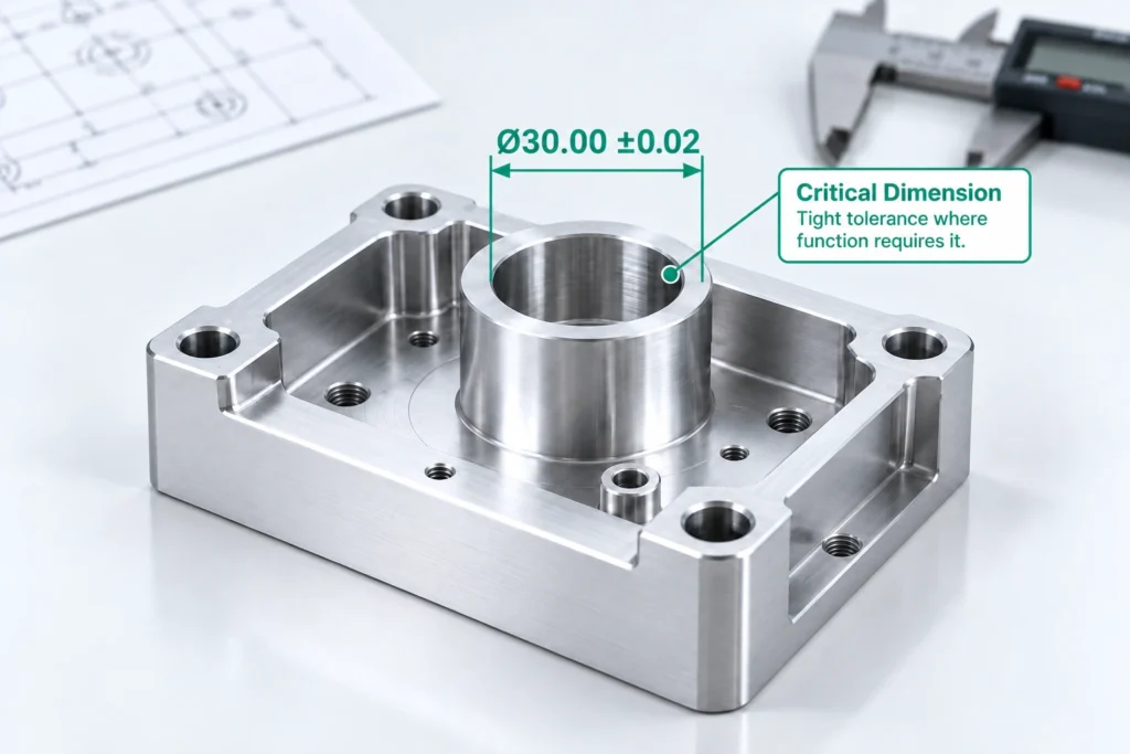 Functional tolerances applied to critical dimensions on a CNC machined part
