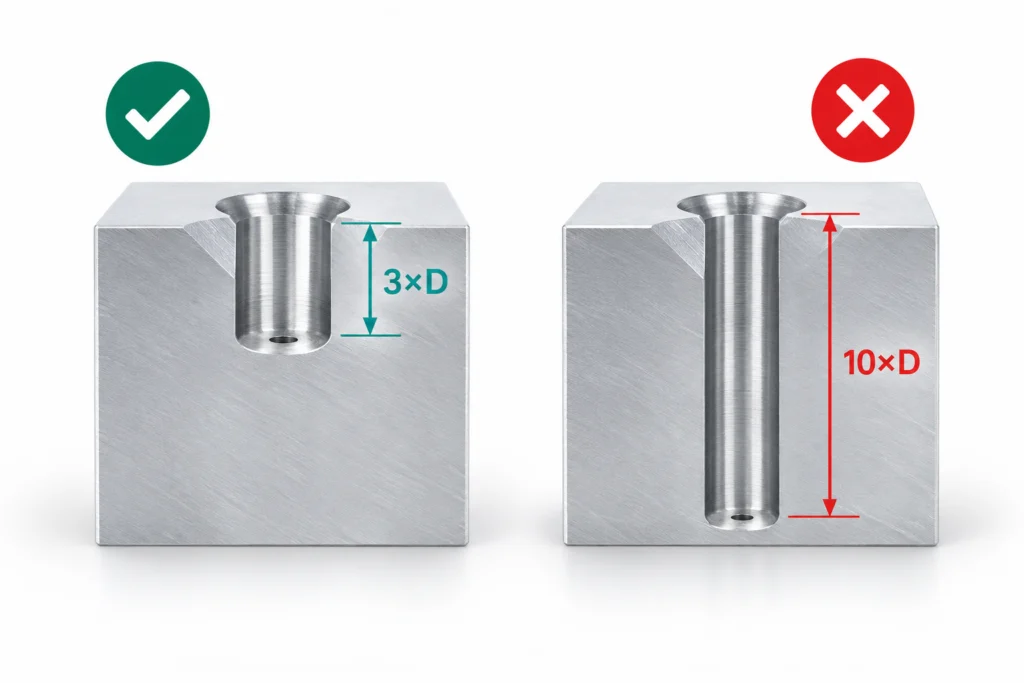 Comparison of practical and excessive hole depth for CNC machining