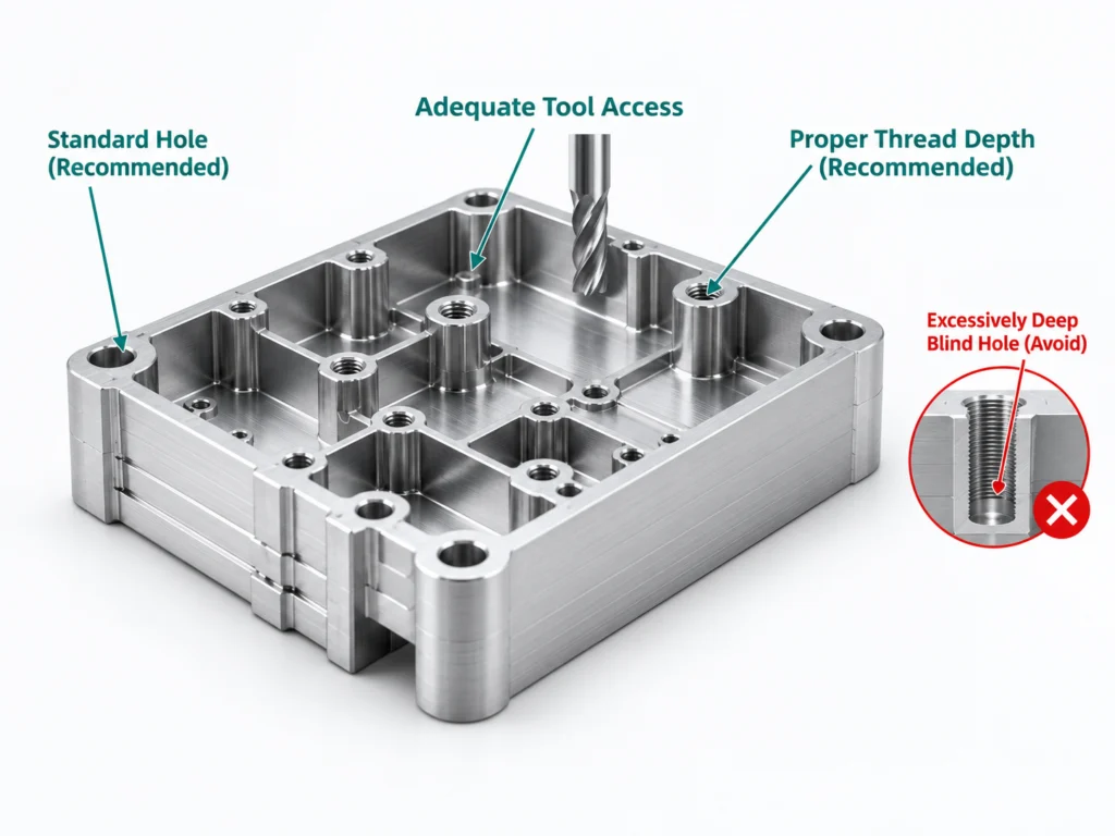 CNC hole and thread design guidelines showing hole depth, thread depth, and tool access