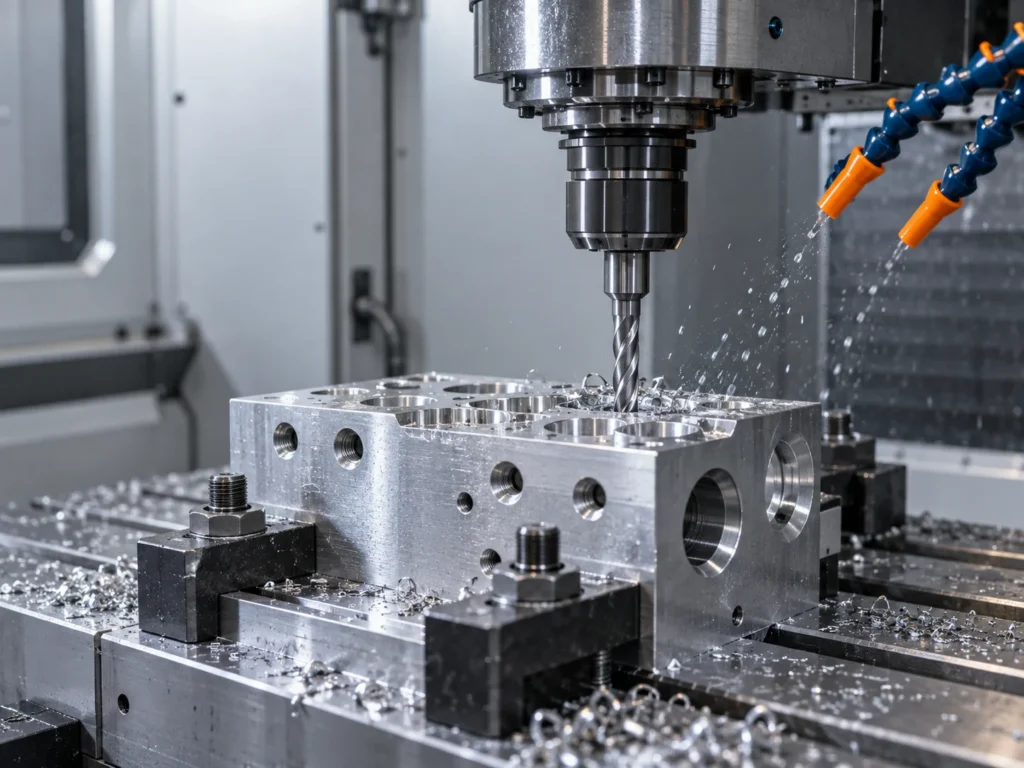 CNC machining center drilling precision holes in an aluminum component