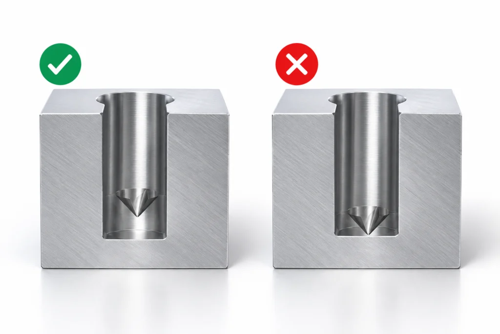 CNC blind hole design comparison showing proper bottom clearance for drilling