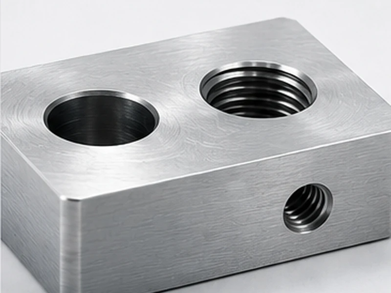 CNC machined metal part with drilled and threaded holes