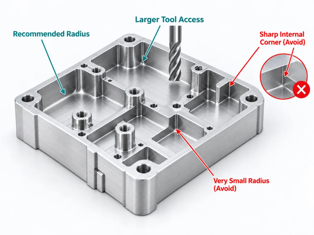 CNC machining internal corners and radii showing recommended radius and tool access