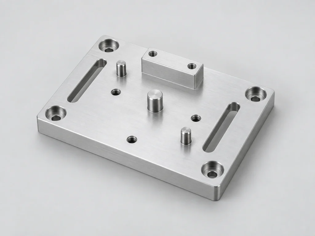 CNC milled aluminum fixture plate with locating features
