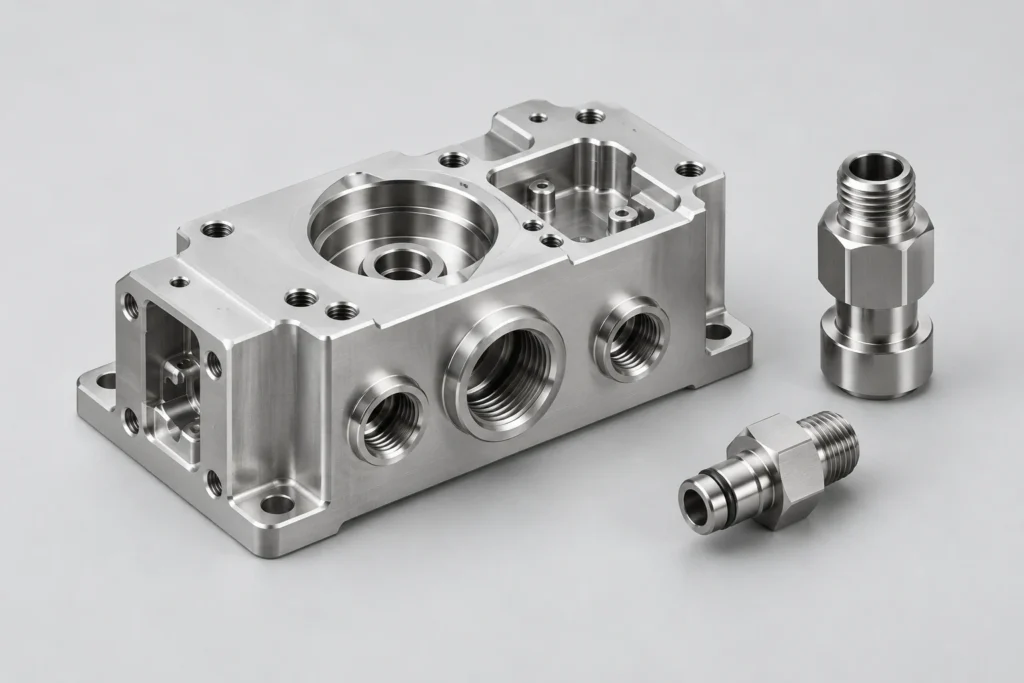 CNC machined manifold and fluid handling components for medical equipment