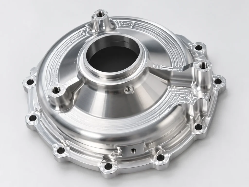 CNC machined aluminum circular housing detail with central bore and mounting features