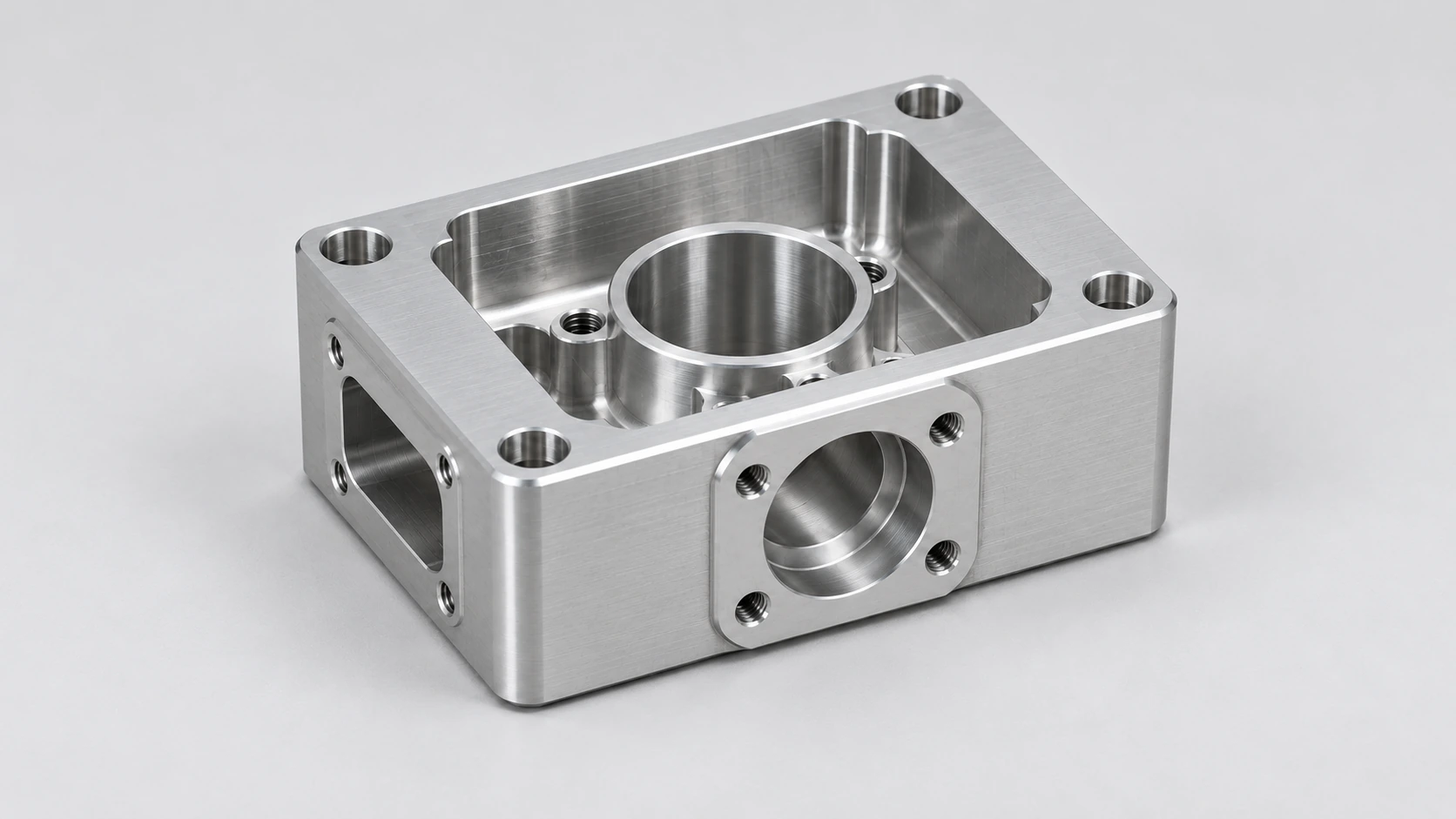 5-axis CNC machined aluminum precision housing with deep pockets and bores
