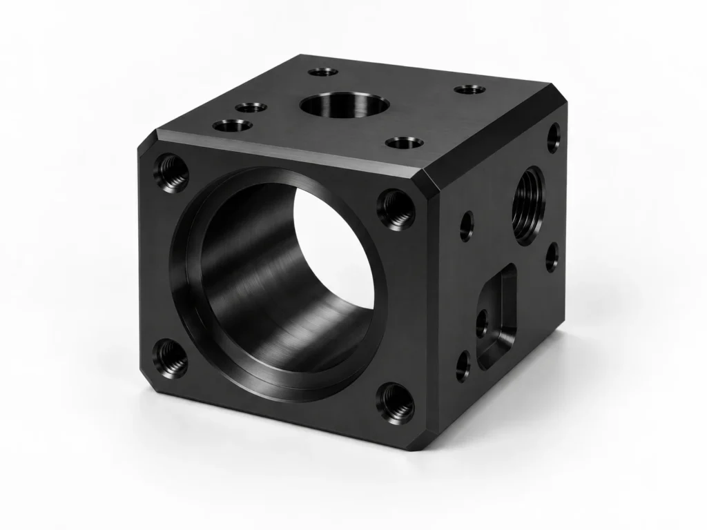 Production-ready CNC machined housing with black surface finish