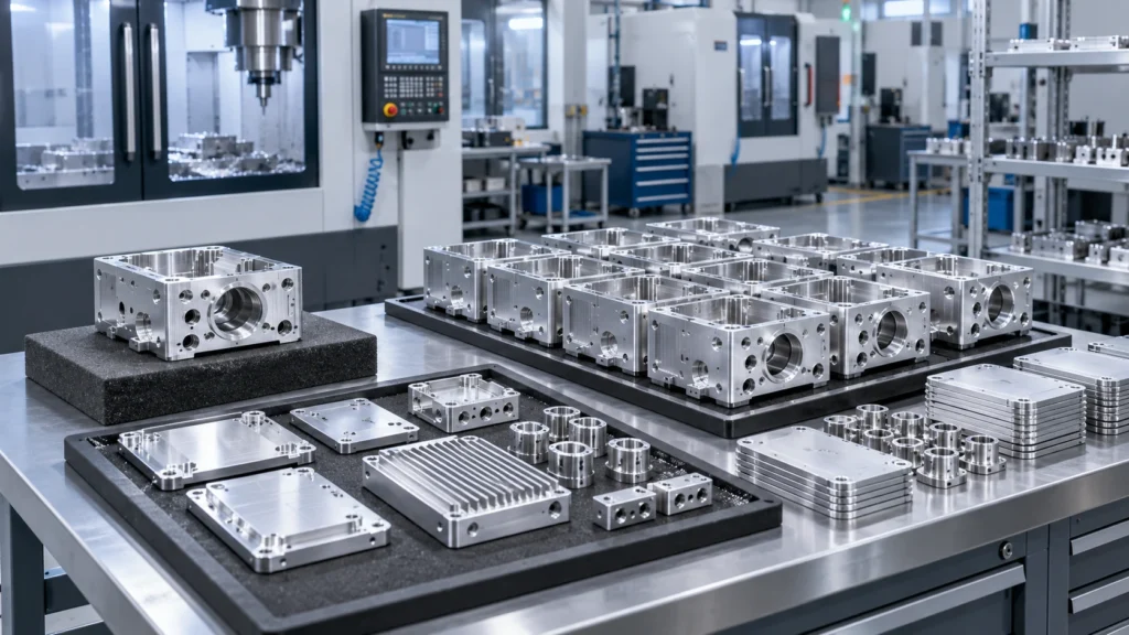 Batch of precision CNC machined components in production