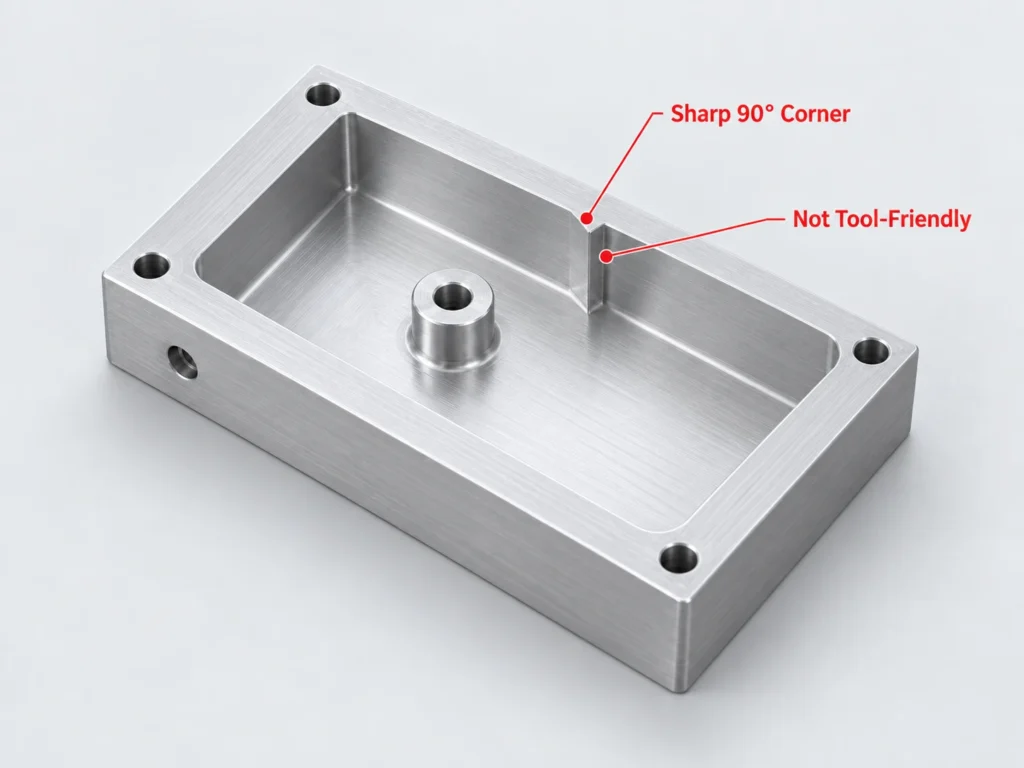 CNC tool access for internal corners and narrow pockets