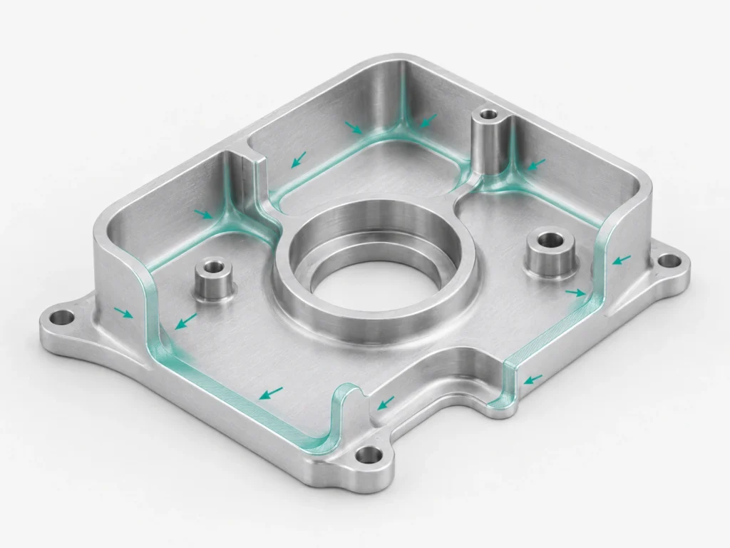 CNC machined aluminum part with smooth wall thickness transitions and radii