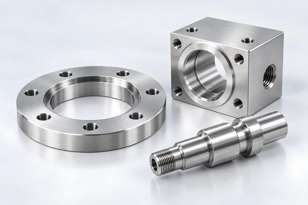 Stainless steel CNC machined parts including a flange, a precision shaft, and a machined block