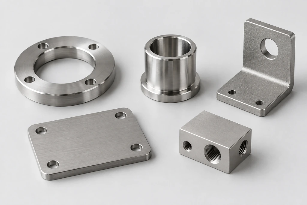 Stainless steel machined parts showing typical CNC components and available surface finishes