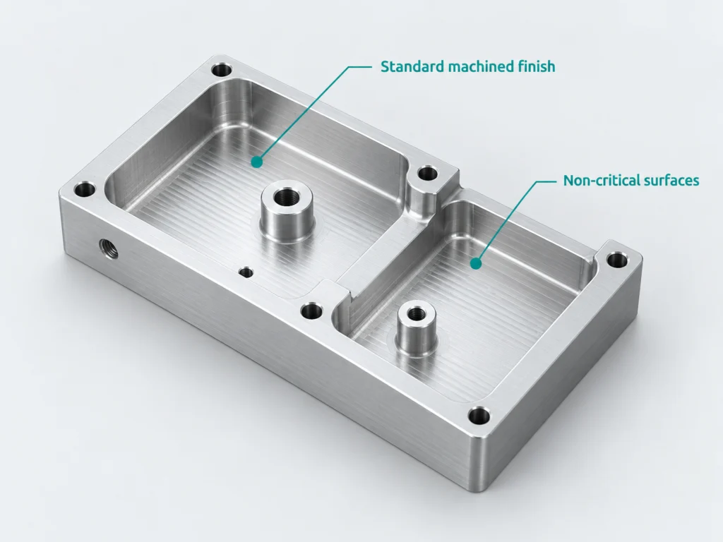 CNC machined aluminum part with standard as-machined finish on non-critical surfaces