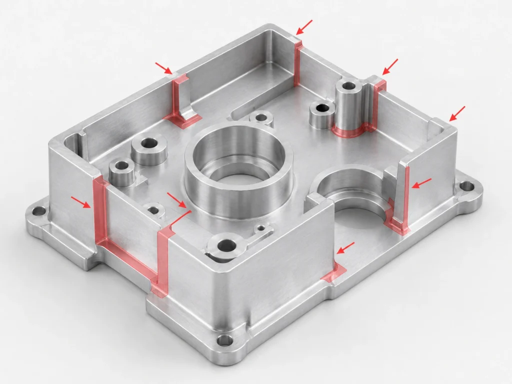 CNC part showing poor design with sudden wall thickness changes