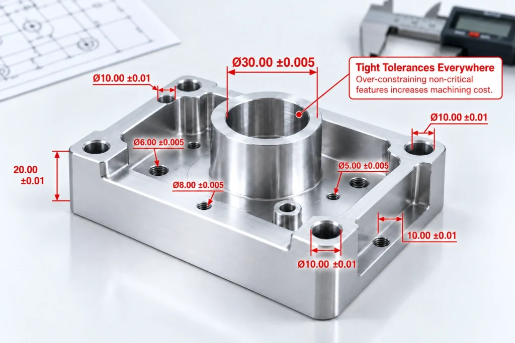 CNC machined part with excessive tight tolerances specified on multiple dimensions