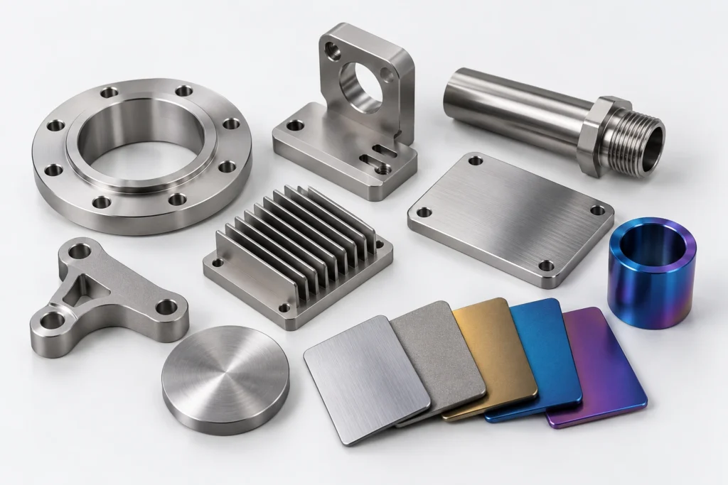 Titanium CNC machined parts with bead blasted, polished, anodized, and as-machined finishes
