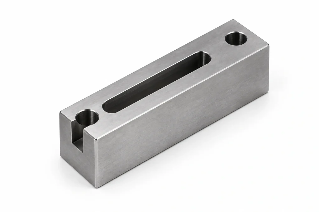 CNC machined tool steel part with slot and precision holes