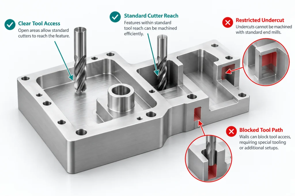 CNC machining undercuts and tool access showing standard cutter reach and restricted features