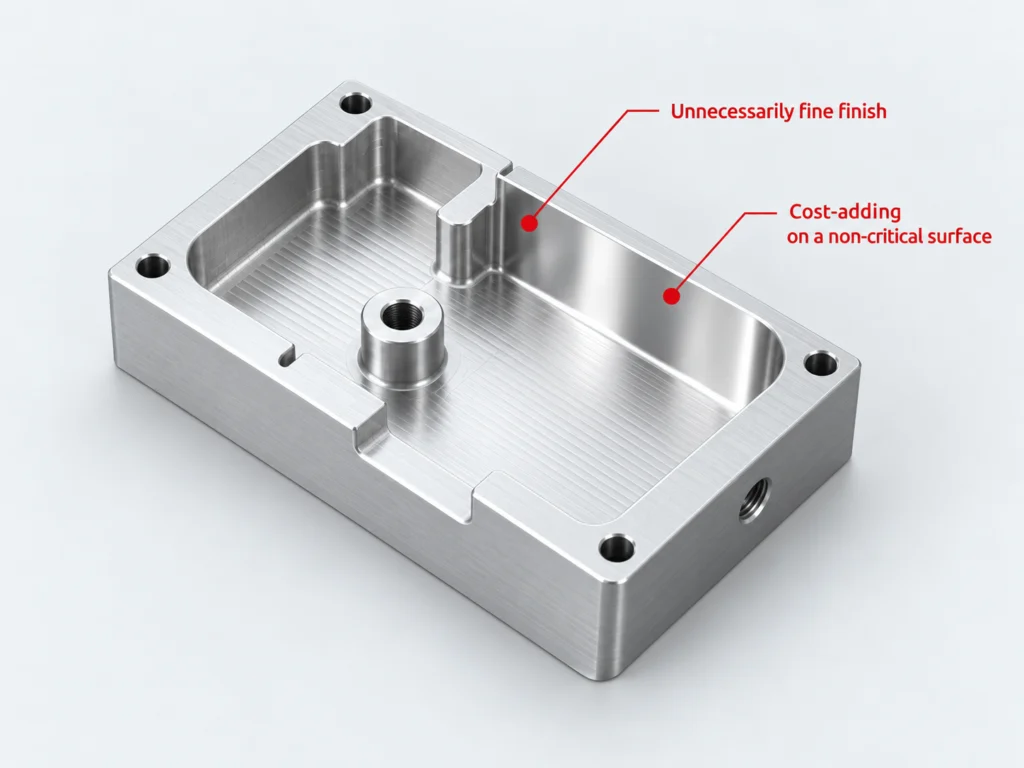 CNC machined part showing unnecessarily fine surface finish on non-critical areas