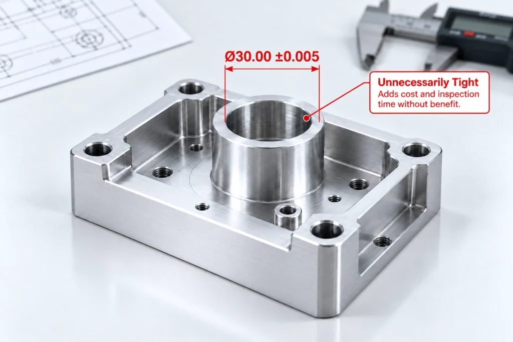 Example of unnecessarily tight tolerances increasing CNC machining complexity